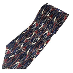 Zylos Silk Necktie, Red-Blue-Wht-Gold Geometric - Like New